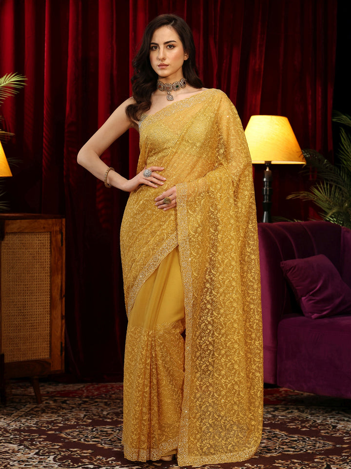 Libas Art Mustard Floral Embroidered Chiffon Saree