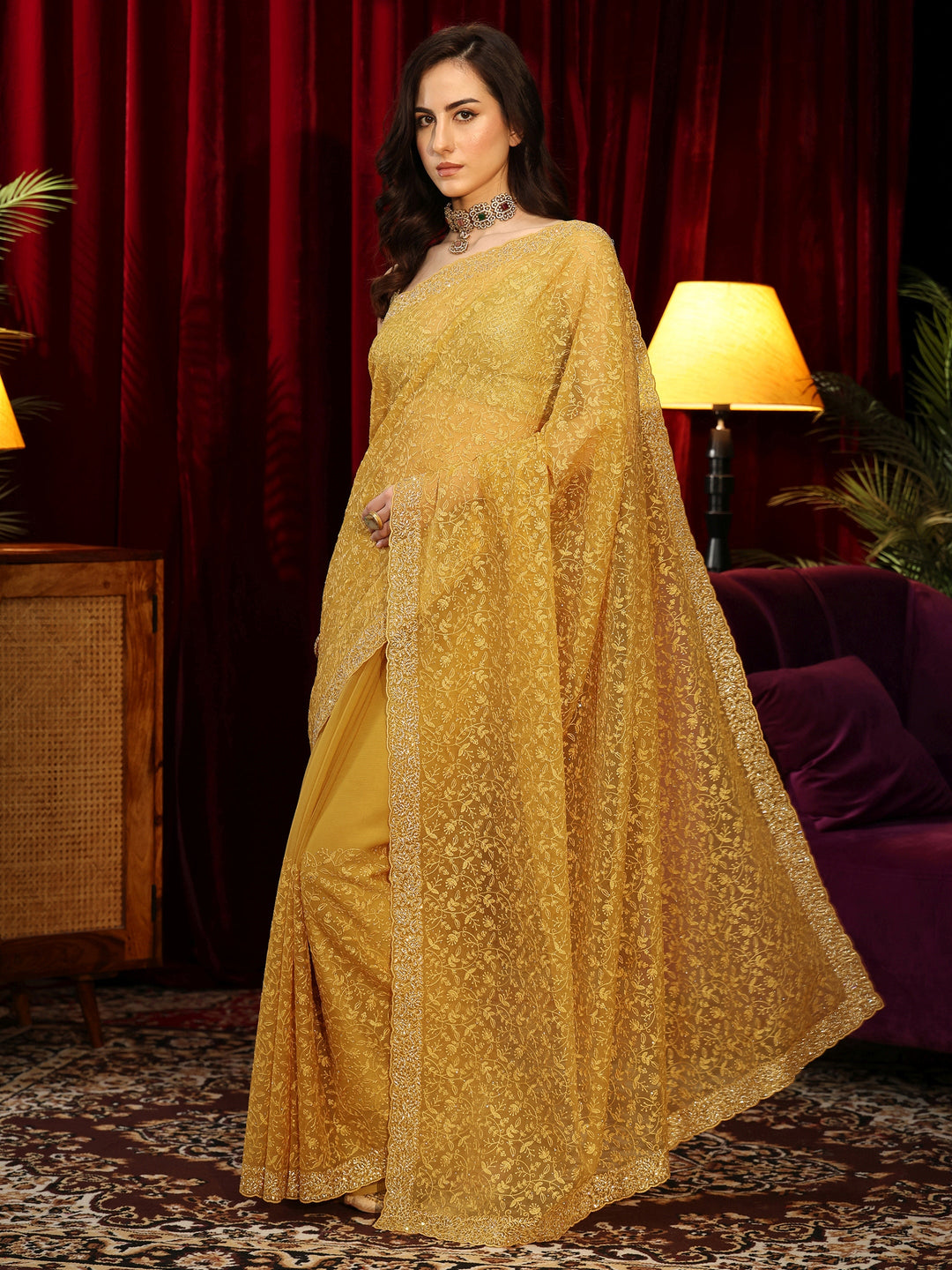 Libas Art Mustard Floral Embroidered Chiffon Saree
