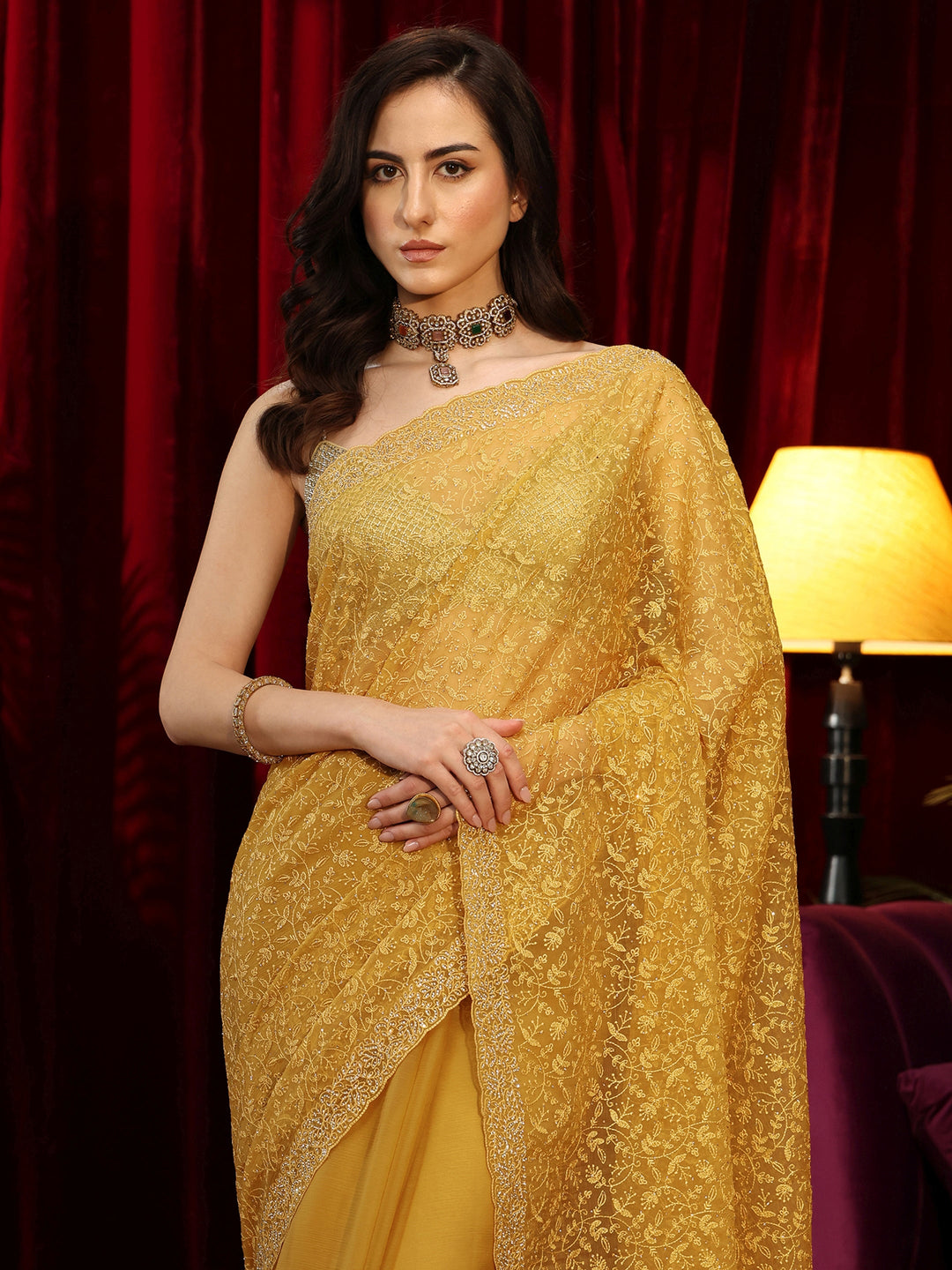 Libas Art Mustard Floral Embroidered Chiffon Saree