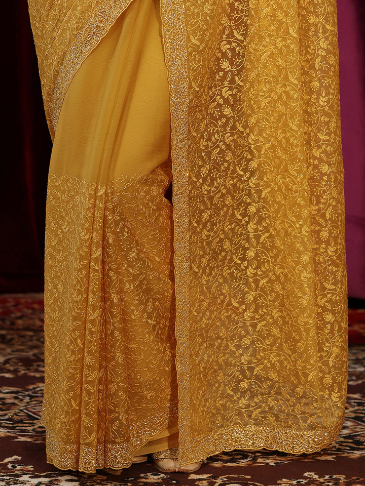 Libas Art Mustard Floral Embroidered Chiffon Saree