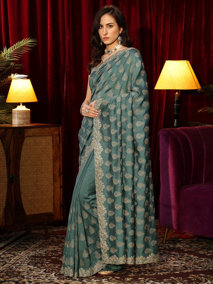 Libas Teal Green Floral Embroidered Silk Blend Saree