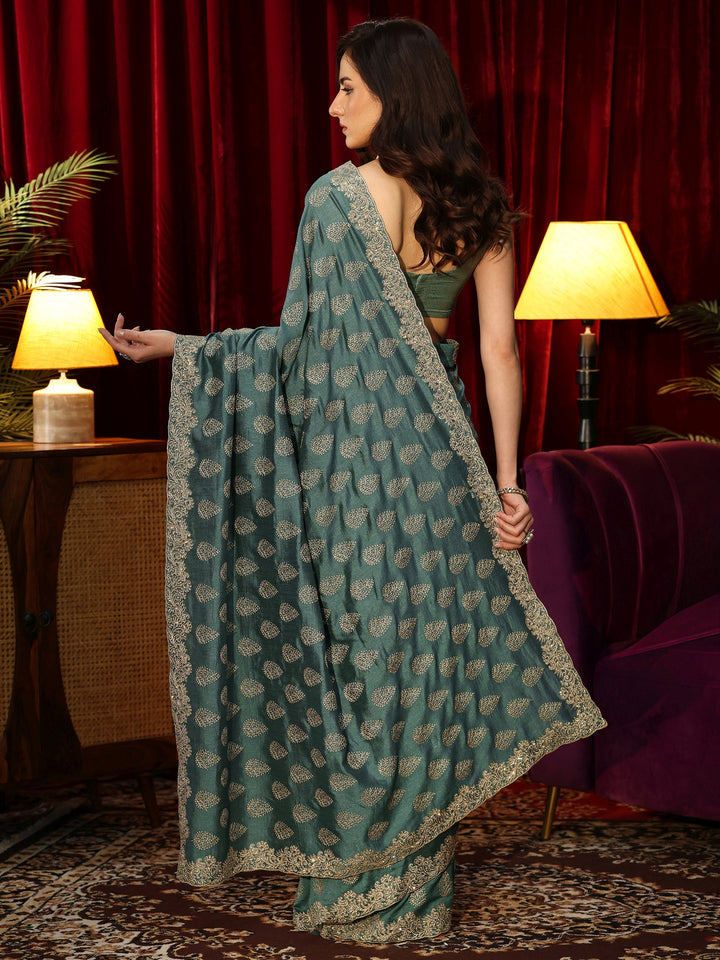 Libas Teal Green Floral Embroidered Silk Blend Saree