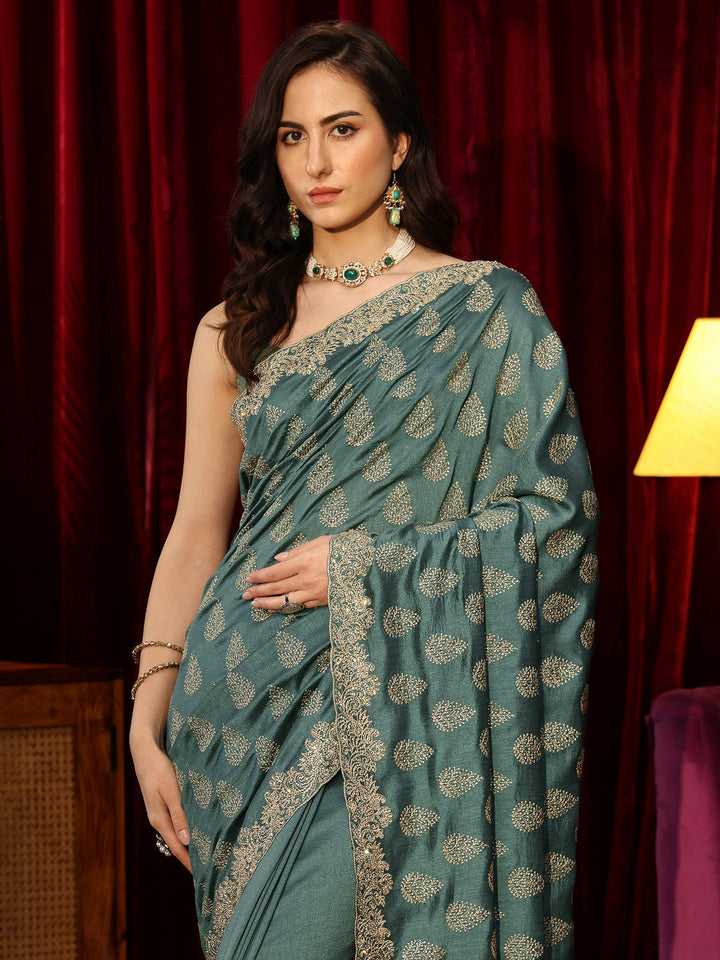 Libas Teal Green Floral Embroidered Silk Blend Saree