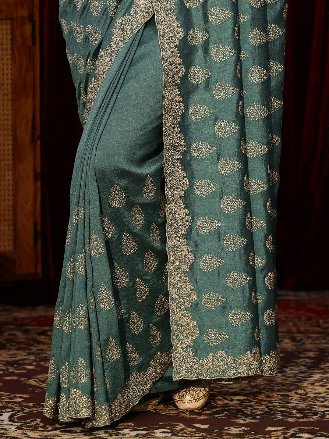 Libas Teal Green Floral Embroidered Silk Blend Saree