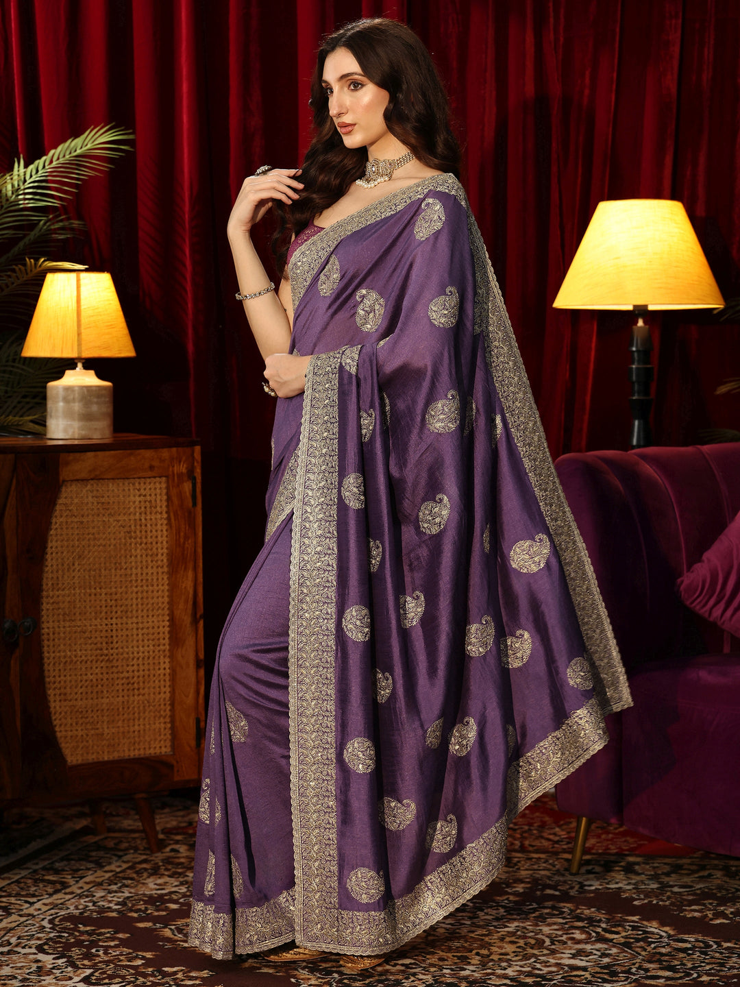 Libas Dark Purple Embroidered Silk Blend Saree