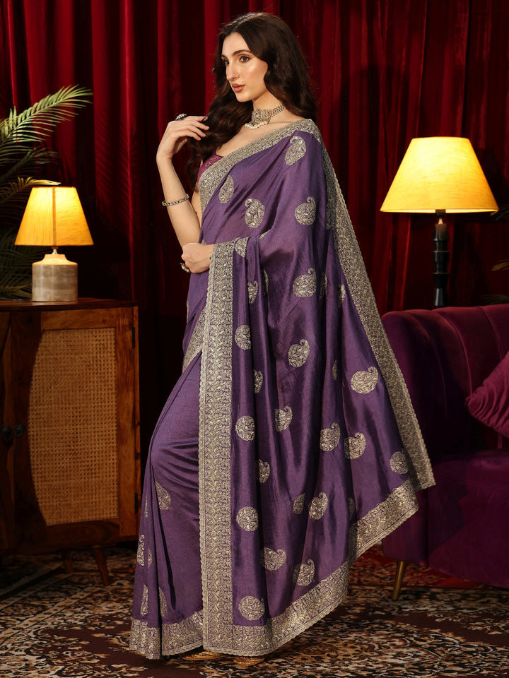 Libas Dark Purple Embroidered Silk Blend Saree