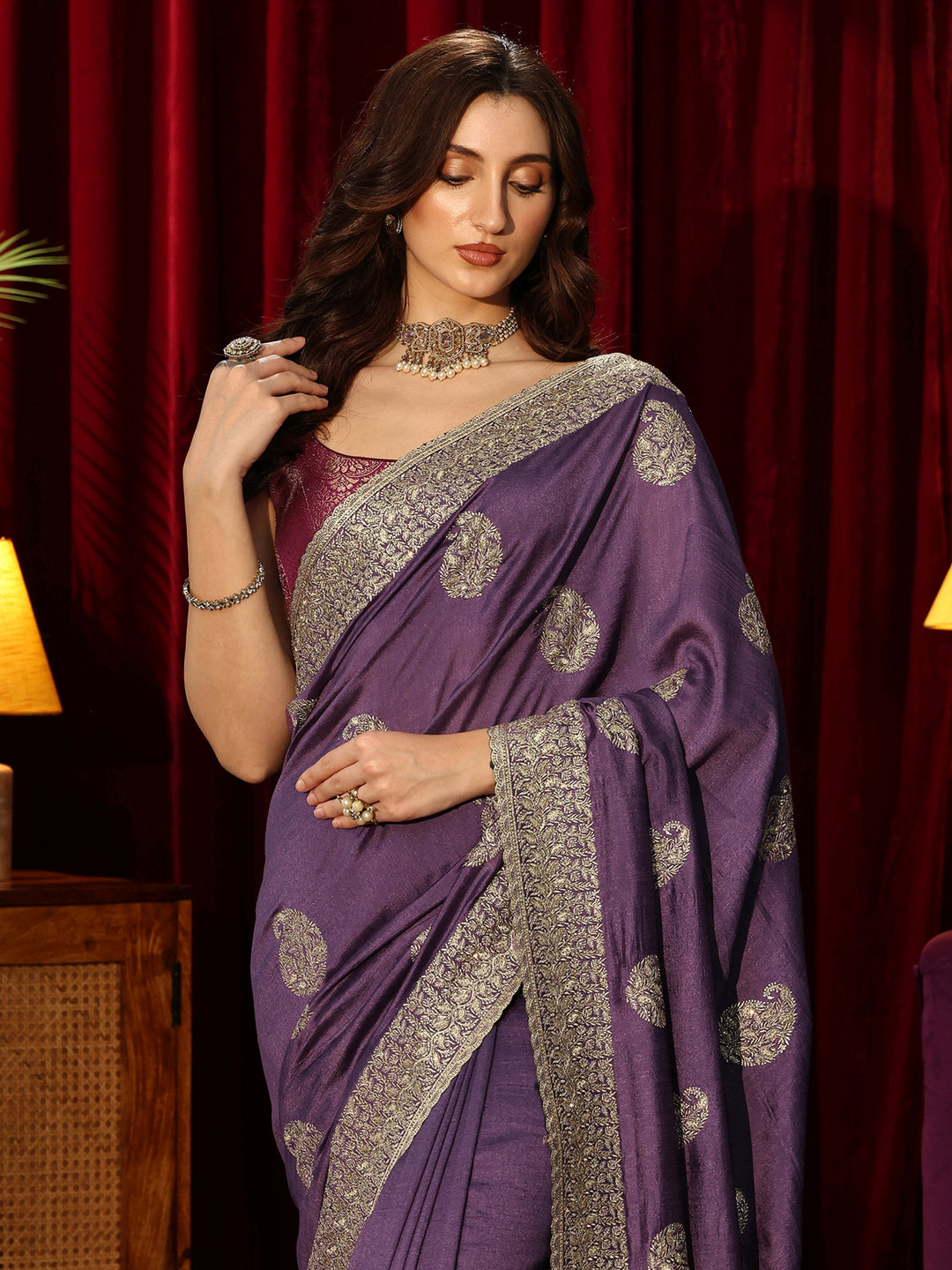 Libas Dark Purple Embroidered Silk Blend Saree