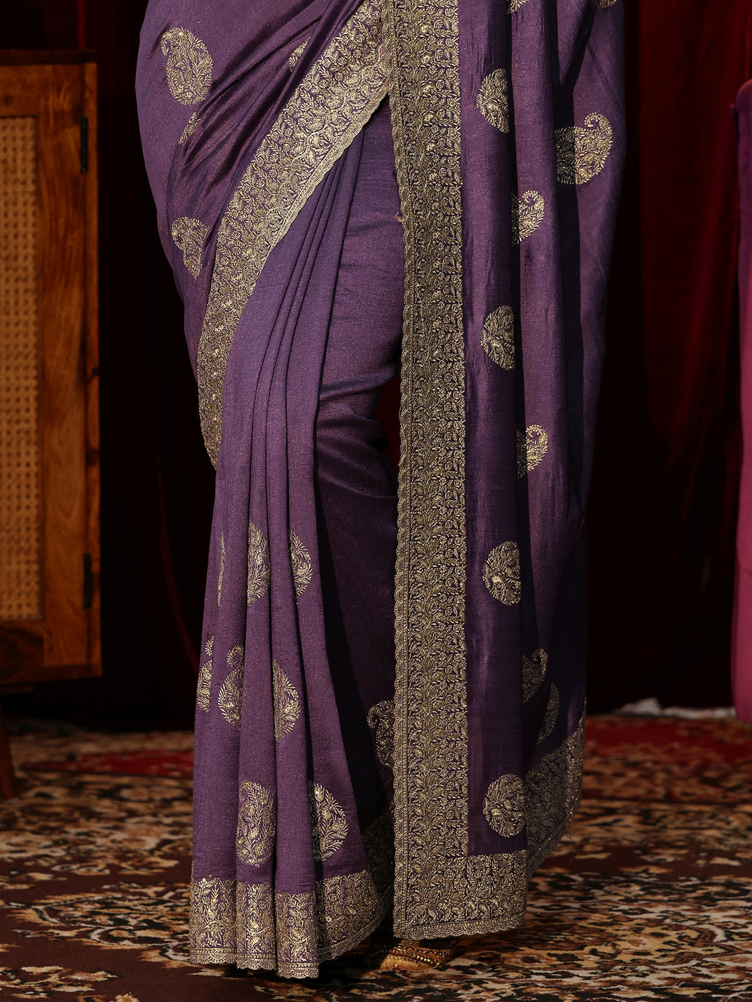 Libas Dark Purple Embroidered Silk Blend Saree