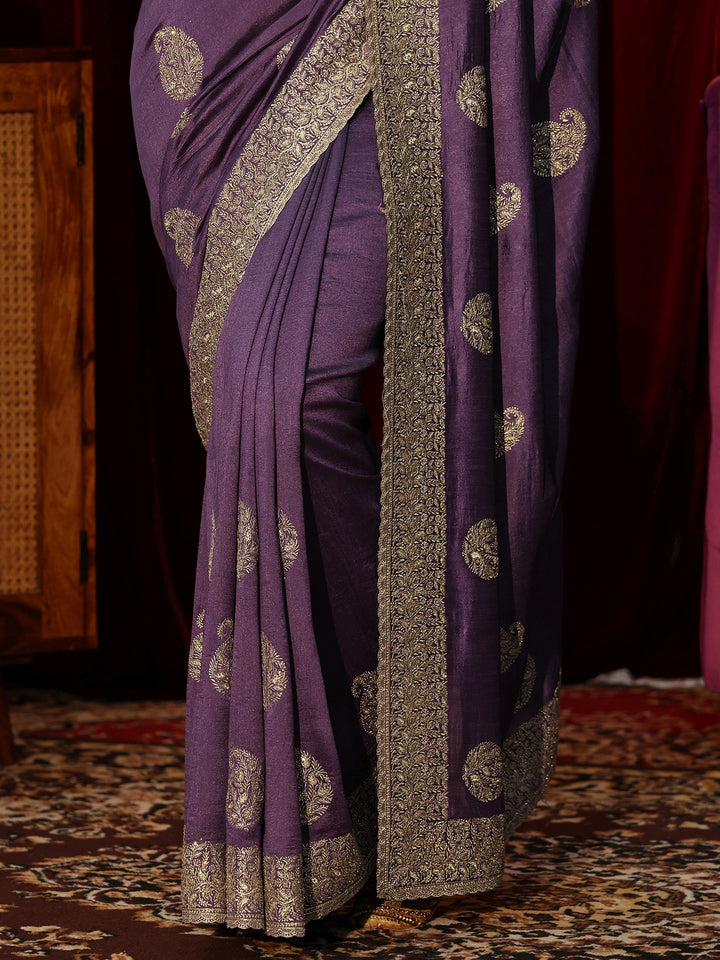 Libas Dark Purple Embroidered Silk Blend Saree
