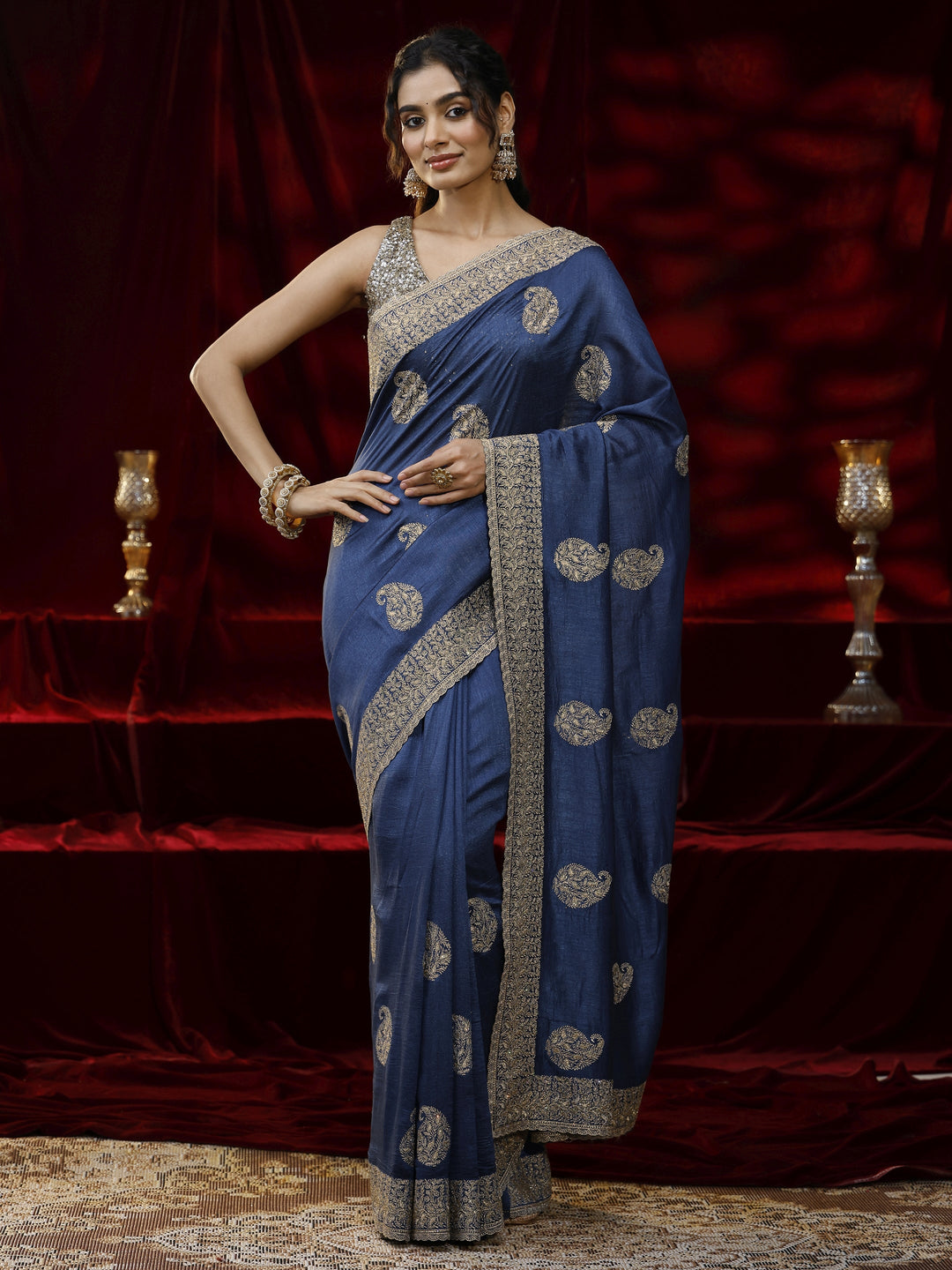 Libas Blue Paisley Embroidered Silk Blend Saree