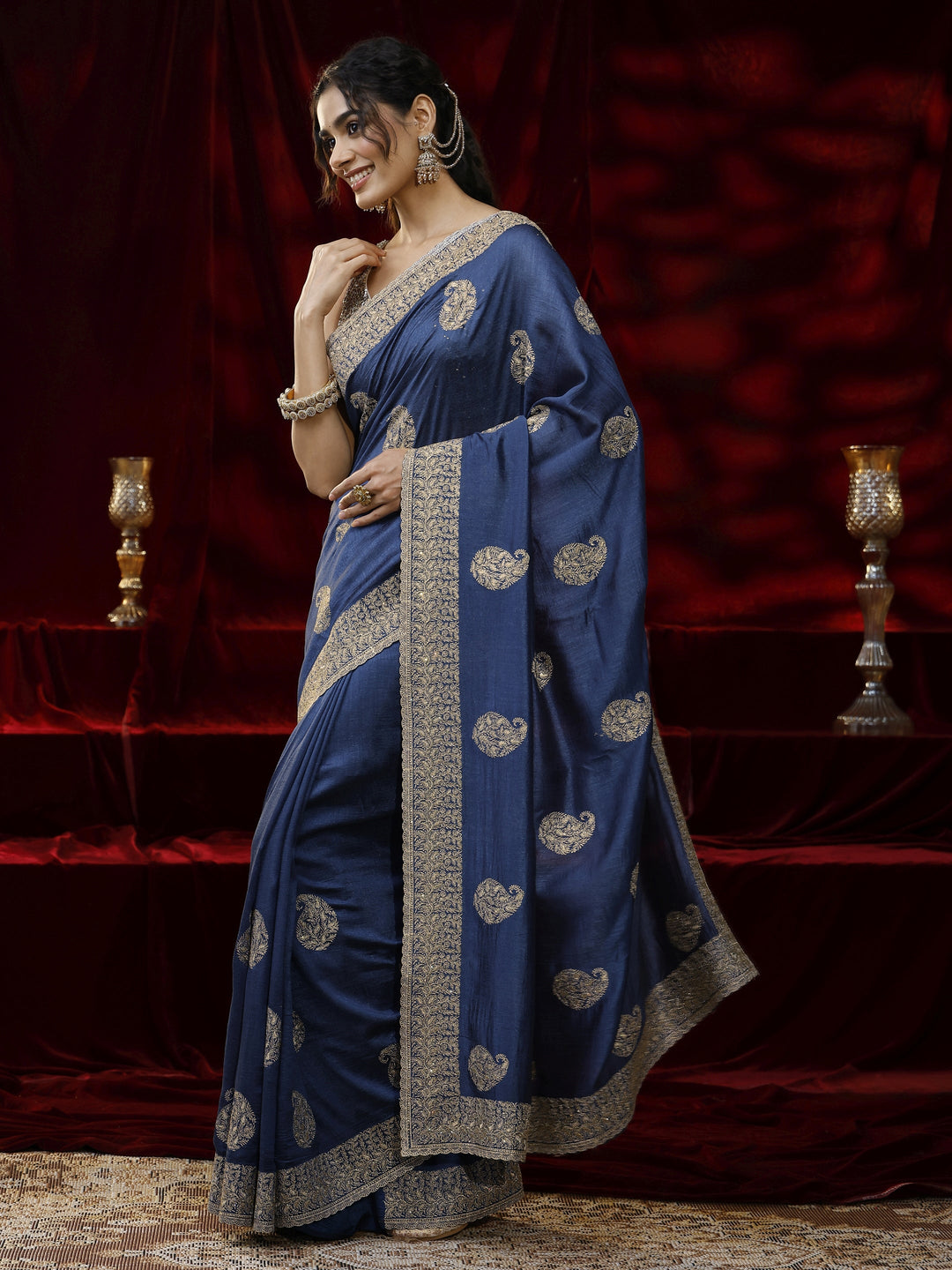 Libas Blue Paisley Embroidered Silk Blend Saree