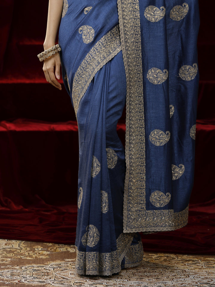 Libas Blue Paisley Embroidered Silk Blend Saree