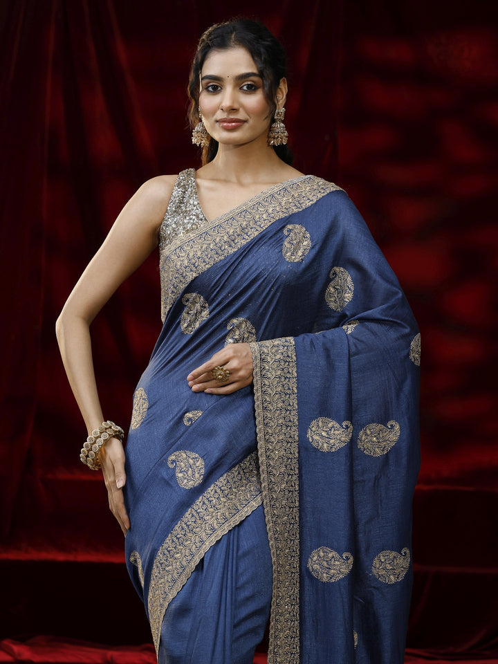 Libas Blue Paisley Embroidered Silk Blend Saree