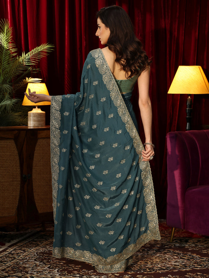 Libas Teal Green Floral Embroidered Satin Saree