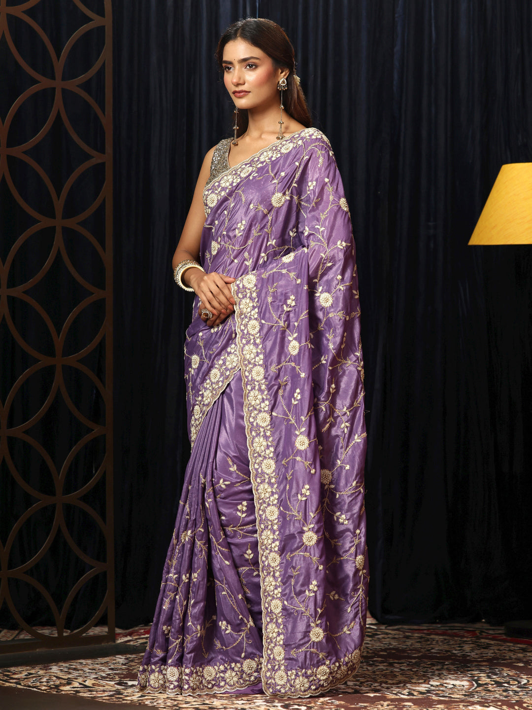 Libas Amethyst Purple Floral Embroidered Satin Saree