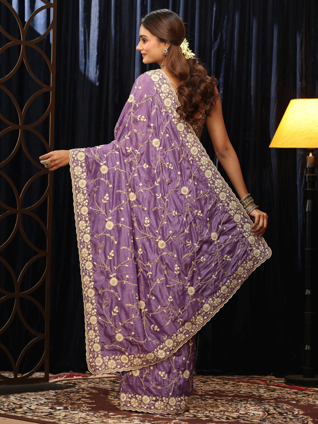 Libas Amethyst Purple Floral Embroidered Satin Saree