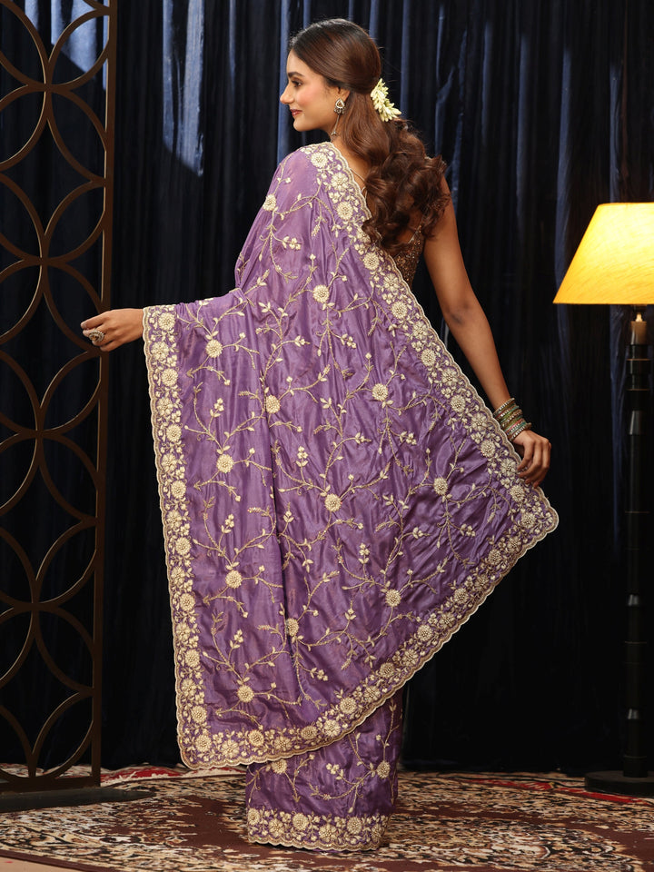 Libas Amethyst Purple Floral Embroidered Satin Saree