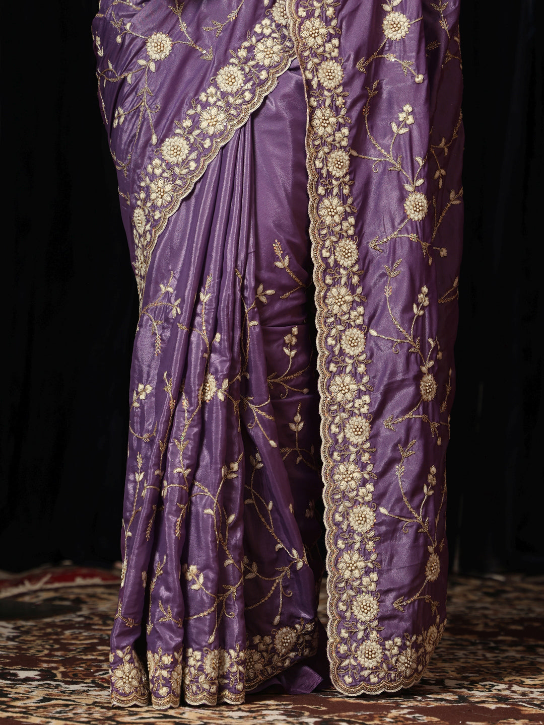 Libas Amethyst Purple Floral Embroidered Satin Saree