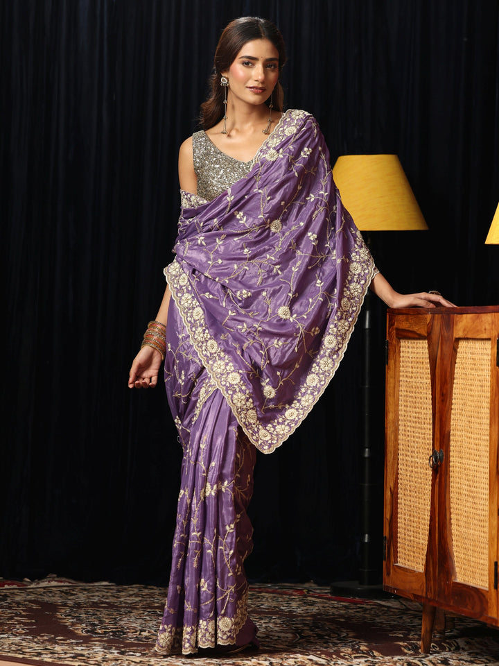 Libas Amethyst Purple Floral Embroidered Satin Saree