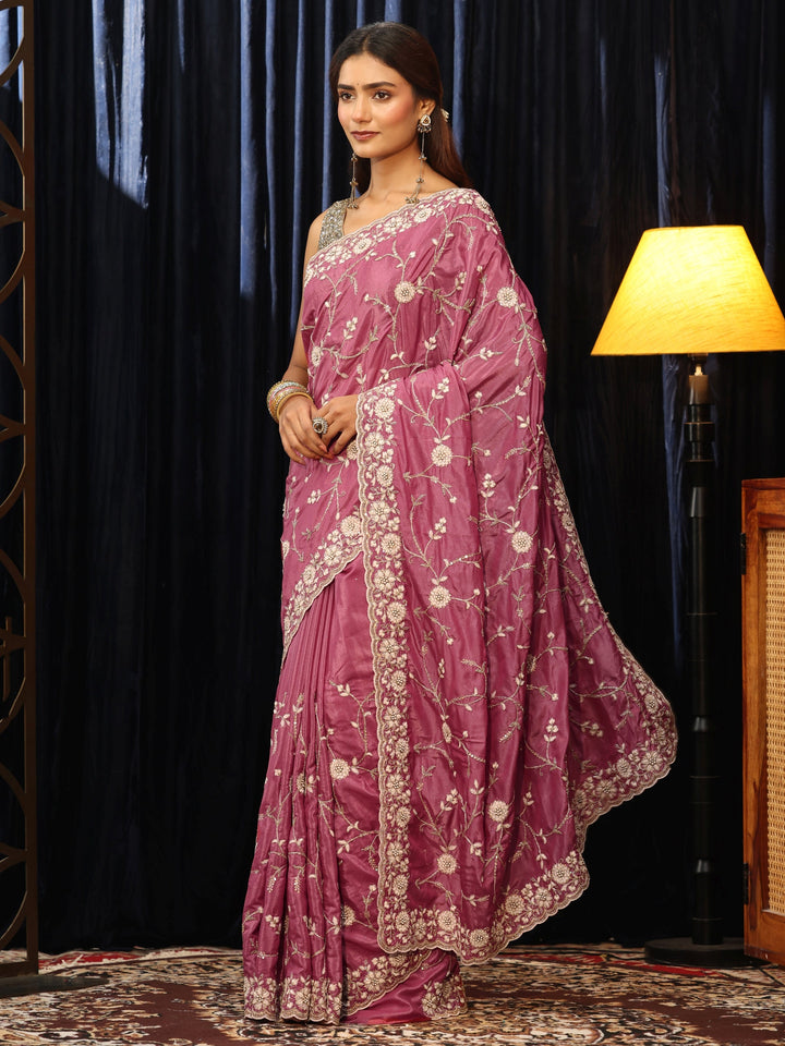 Libas Mauve Floral Embroidered Satin Saree