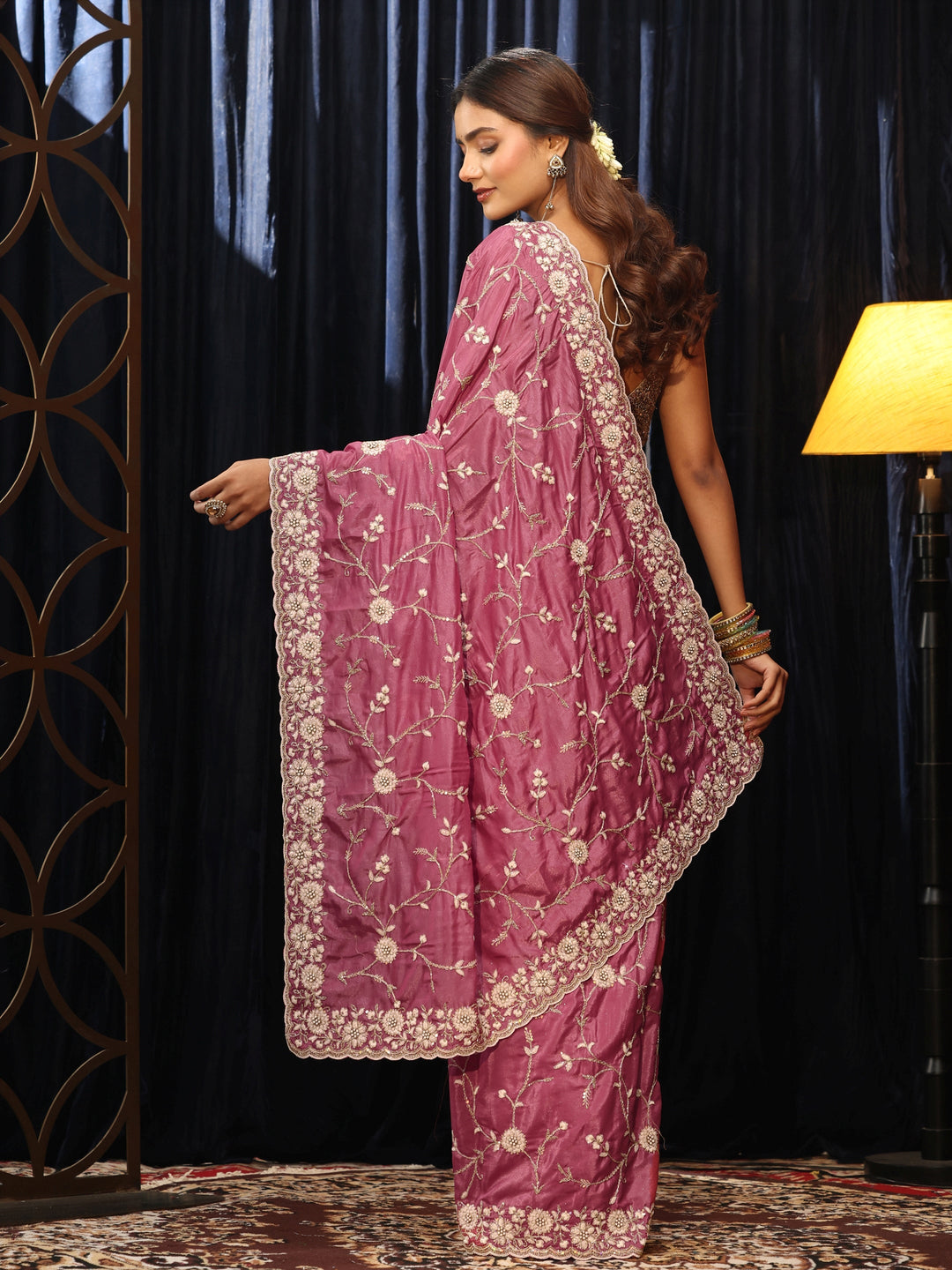 Libas Mauve Floral Embroidered Satin Saree