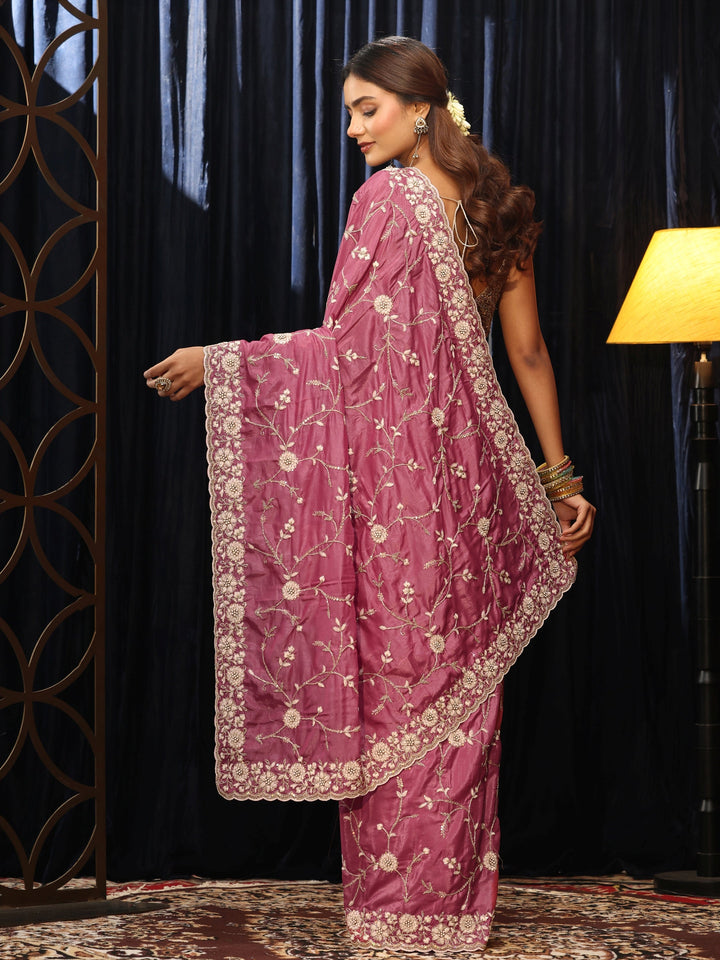 Libas Mauve Floral Embroidered Satin Saree