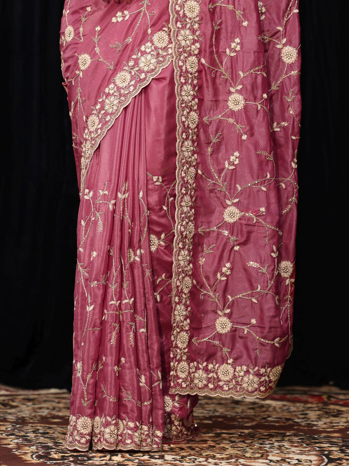 Libas Mauve Floral Embroidered Satin Saree