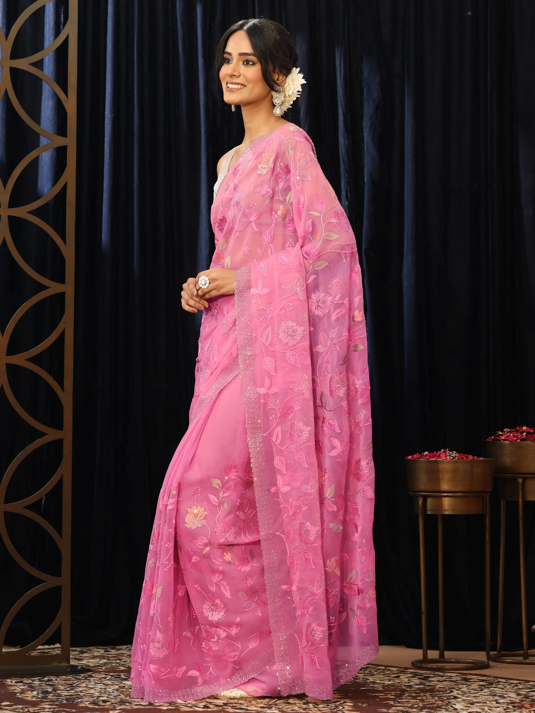 Libas Rose Pink Floral Embroidered Chiffon Saree