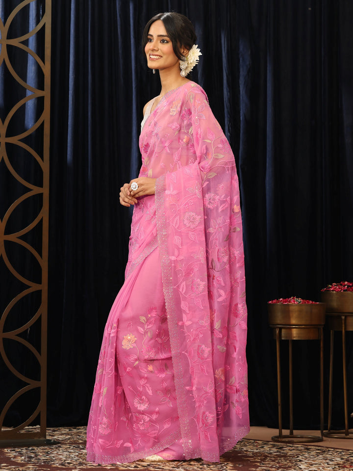 Libas Rose Pink Floral Embroidered Chiffon Saree