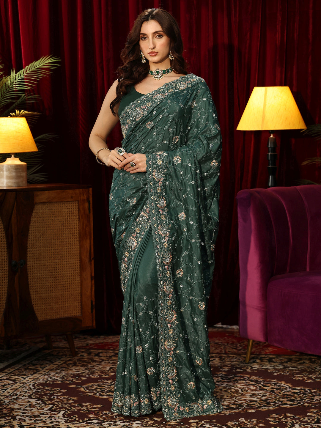 Libas Art Sacramento Green Floral Embroidered Satin Saree
