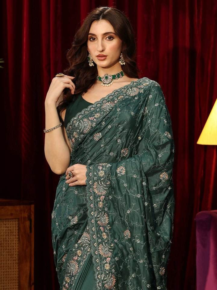 Libas Art Sacramento Green Floral Embroidered Satin Saree