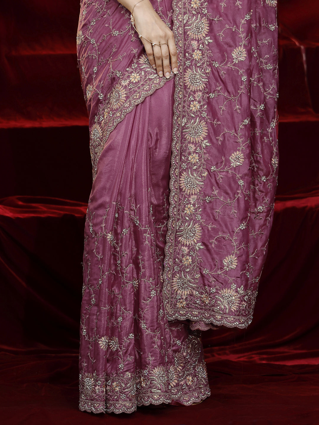Libas Art Mauve Floral Embroidered Satin Saree