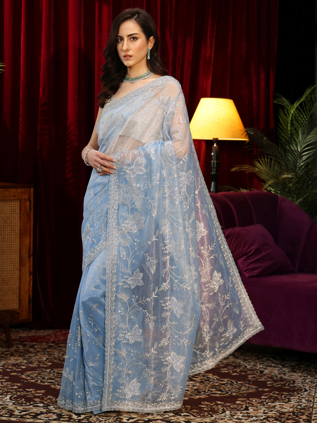 Libas Blue Floral Net Saree
