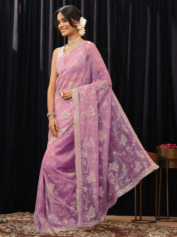 Libas Lavender Floral Embellished Net Saree