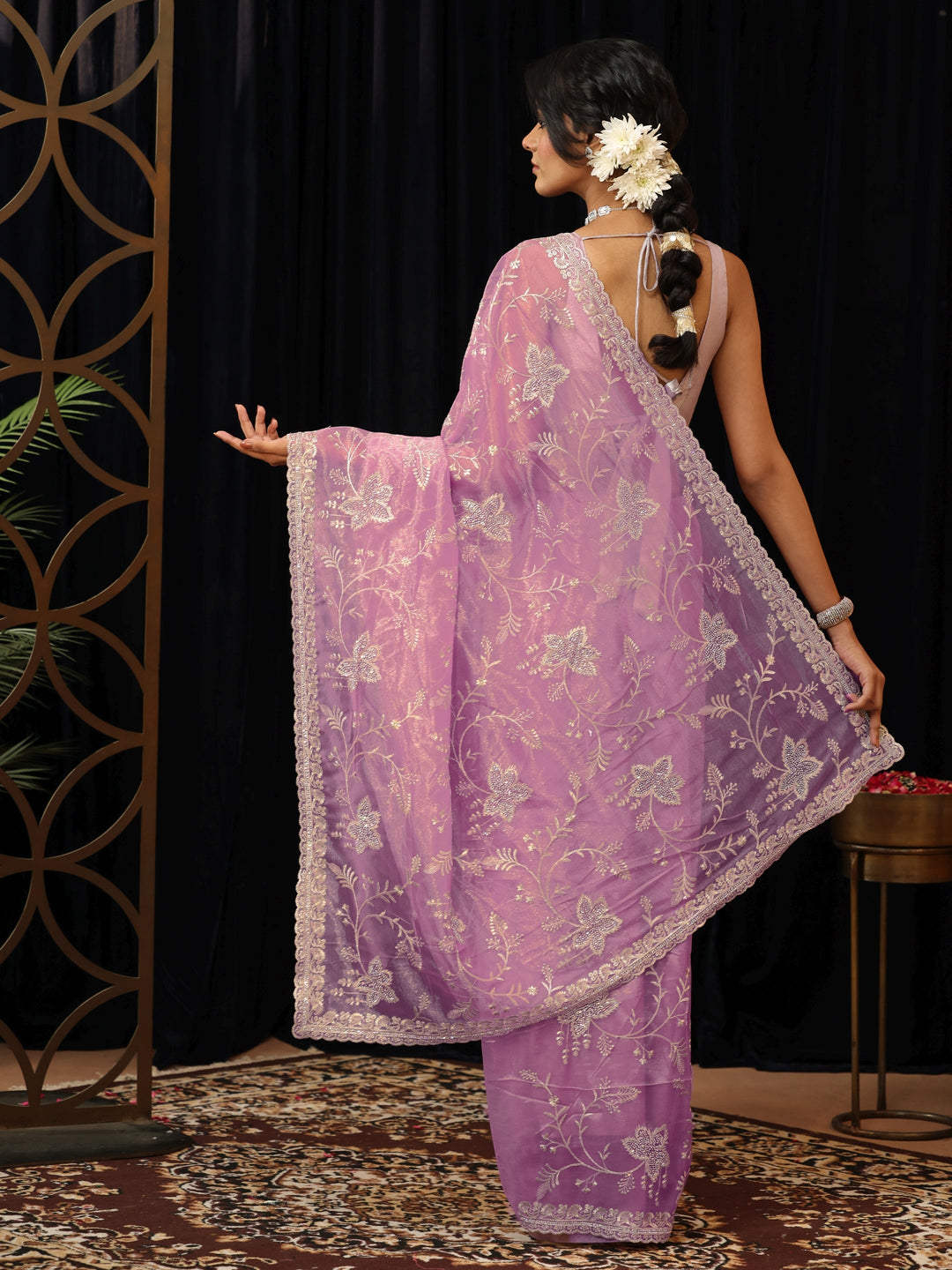 Libas Lavender Floral Embellished Net Saree