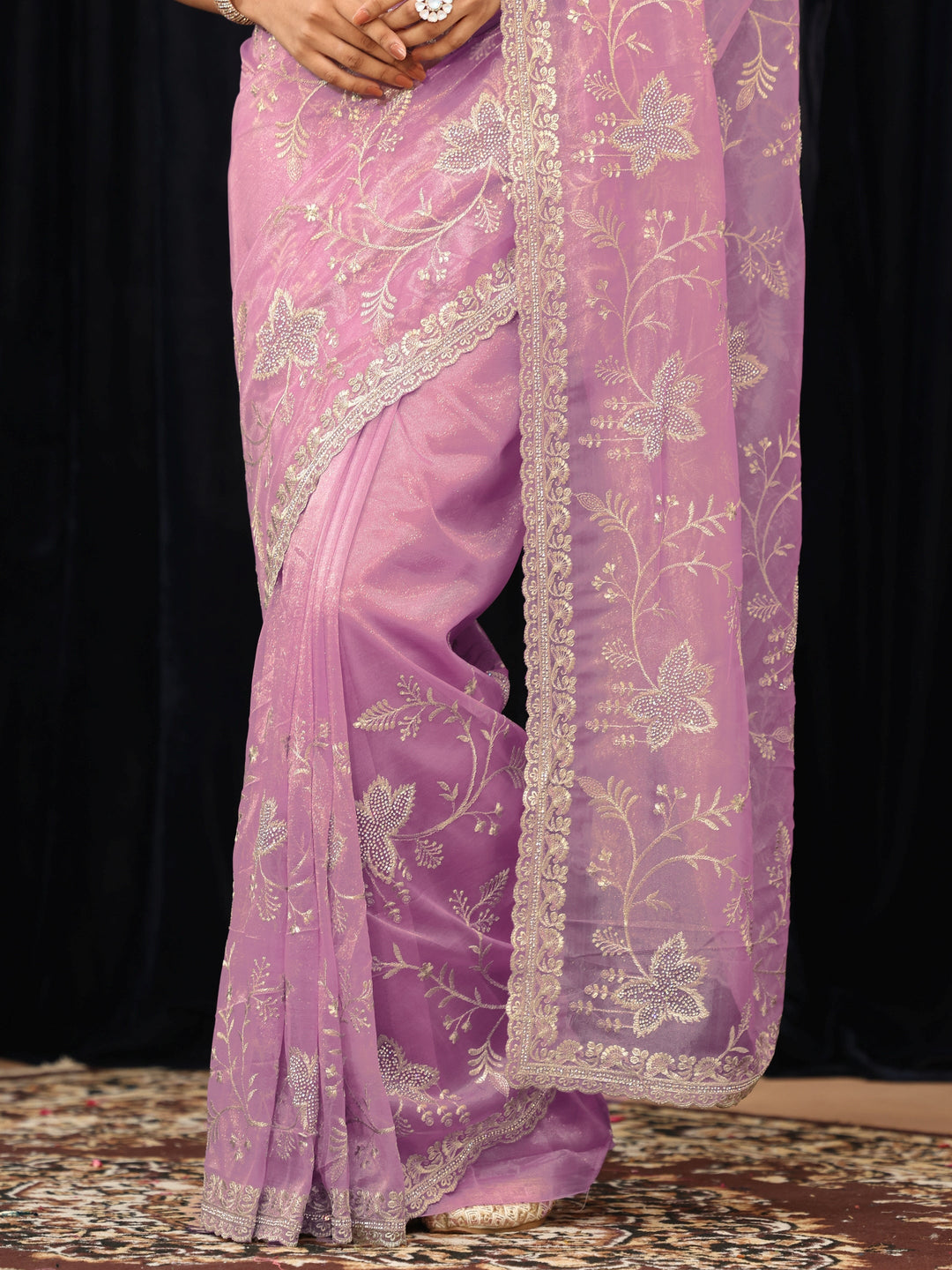 Libas Lavender Floral Embellished Net Saree