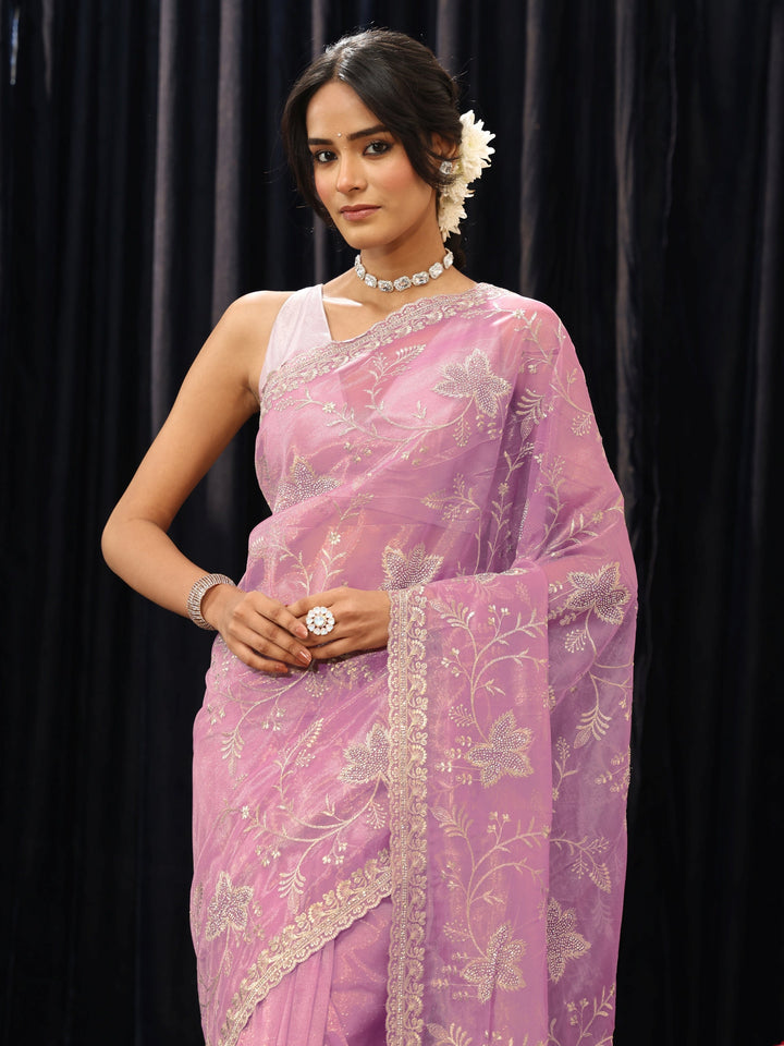 Libas Lavender Floral Embellished Net Saree