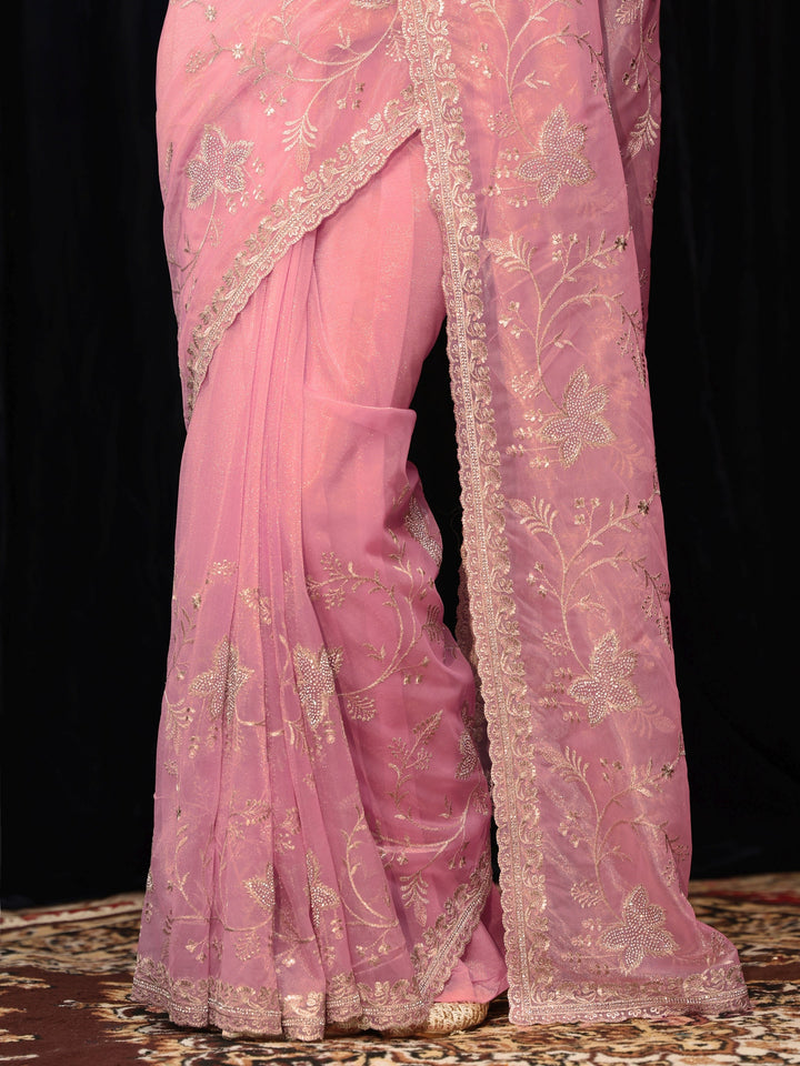 Libas Rose Pink Floral Embellished Net Saree