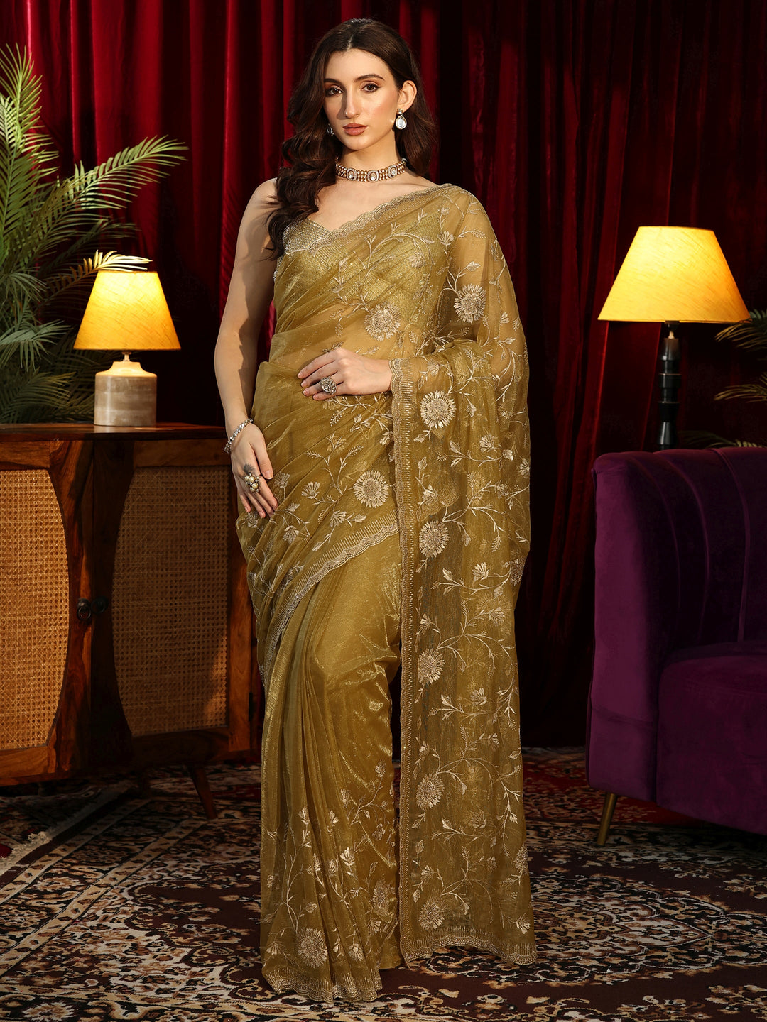 Libas Dark Mustard Floral Embroidered Net Saree