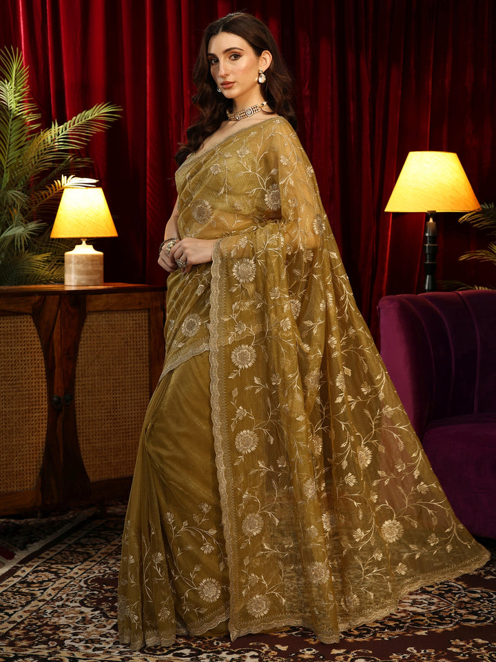 Libas Dark Mustard Floral Embroidered Net Saree