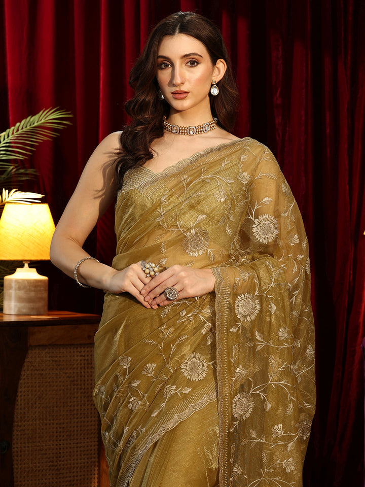 Libas Dark Mustard Floral Embroidered Net Saree