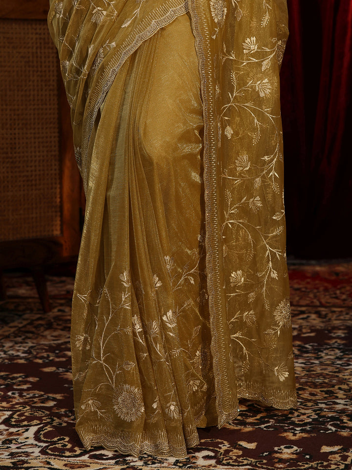 Libas Dark Mustard Floral Embroidered Net Saree