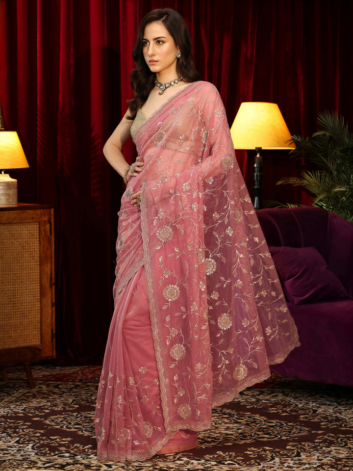 Libas Rose Pink Floral Embroidered Net Saree