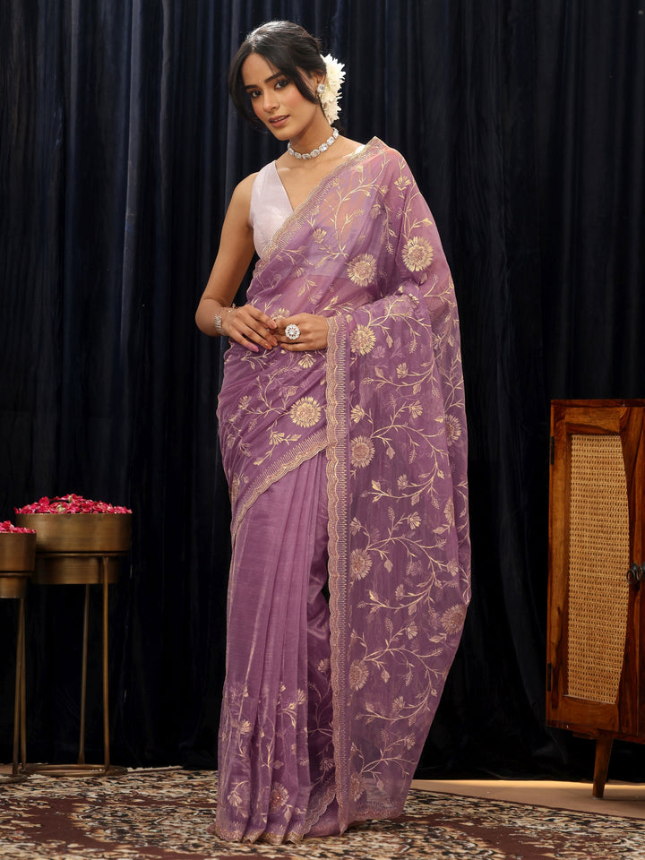 Libas Amethyst Purple Floral Net Saree