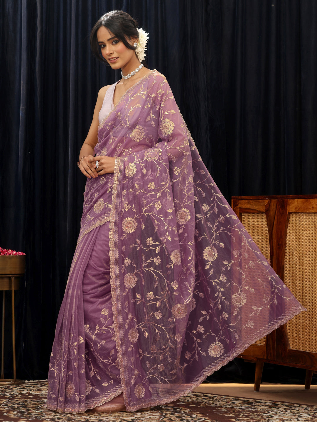 Libas Amethyst Purple Floral Net Saree