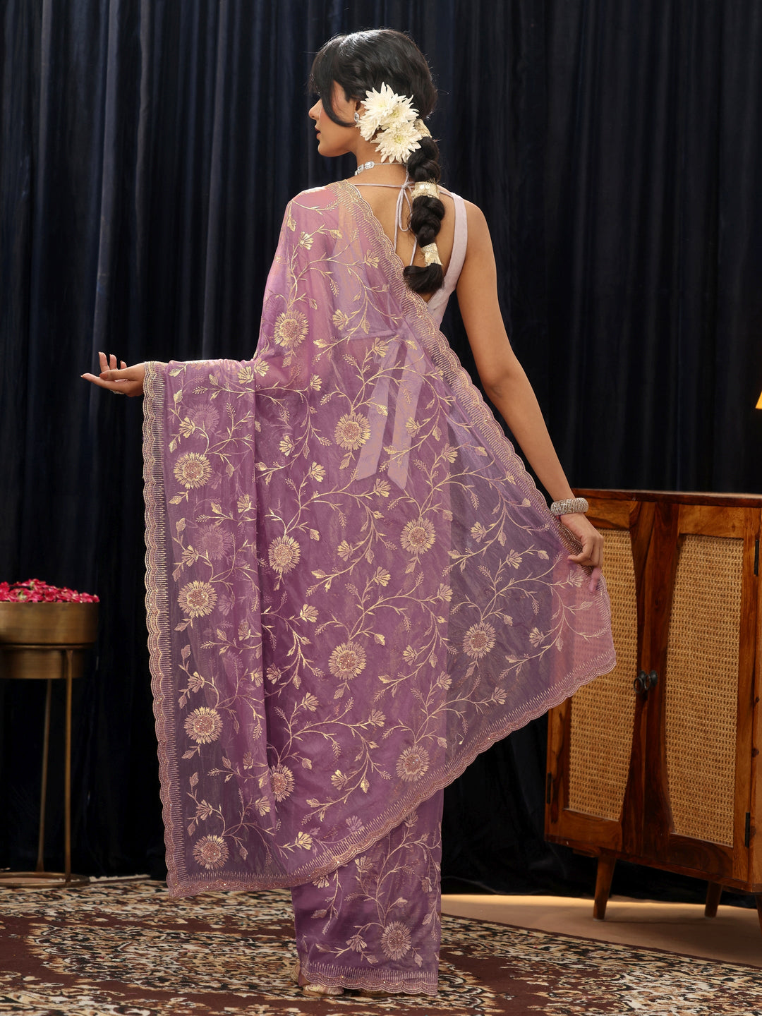 Libas Amethyst Purple Floral Net Saree