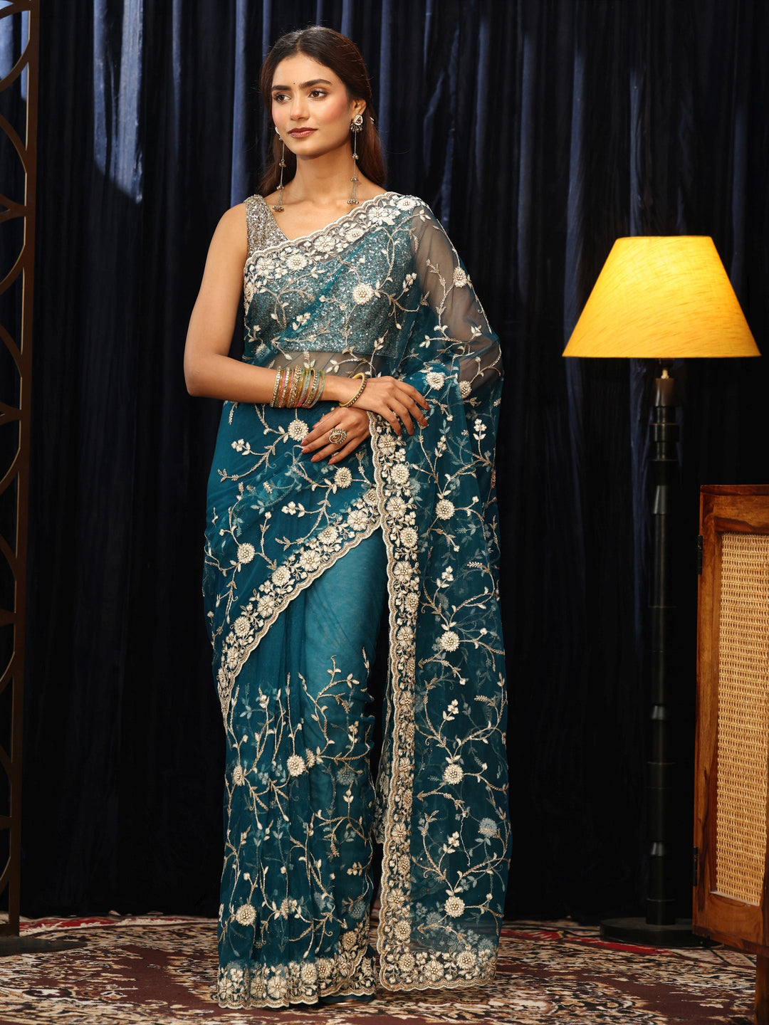 Libas Teal Blue Floral Embroidered Net Saree