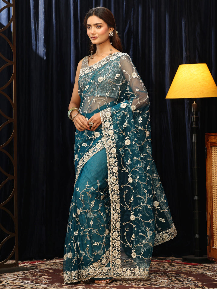 Libas Teal Blue Floral Embroidered Net Saree