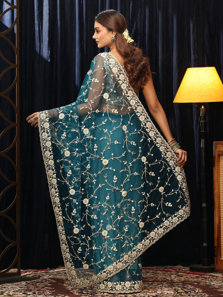 Libas Teal Blue Floral Embroidered Net Saree