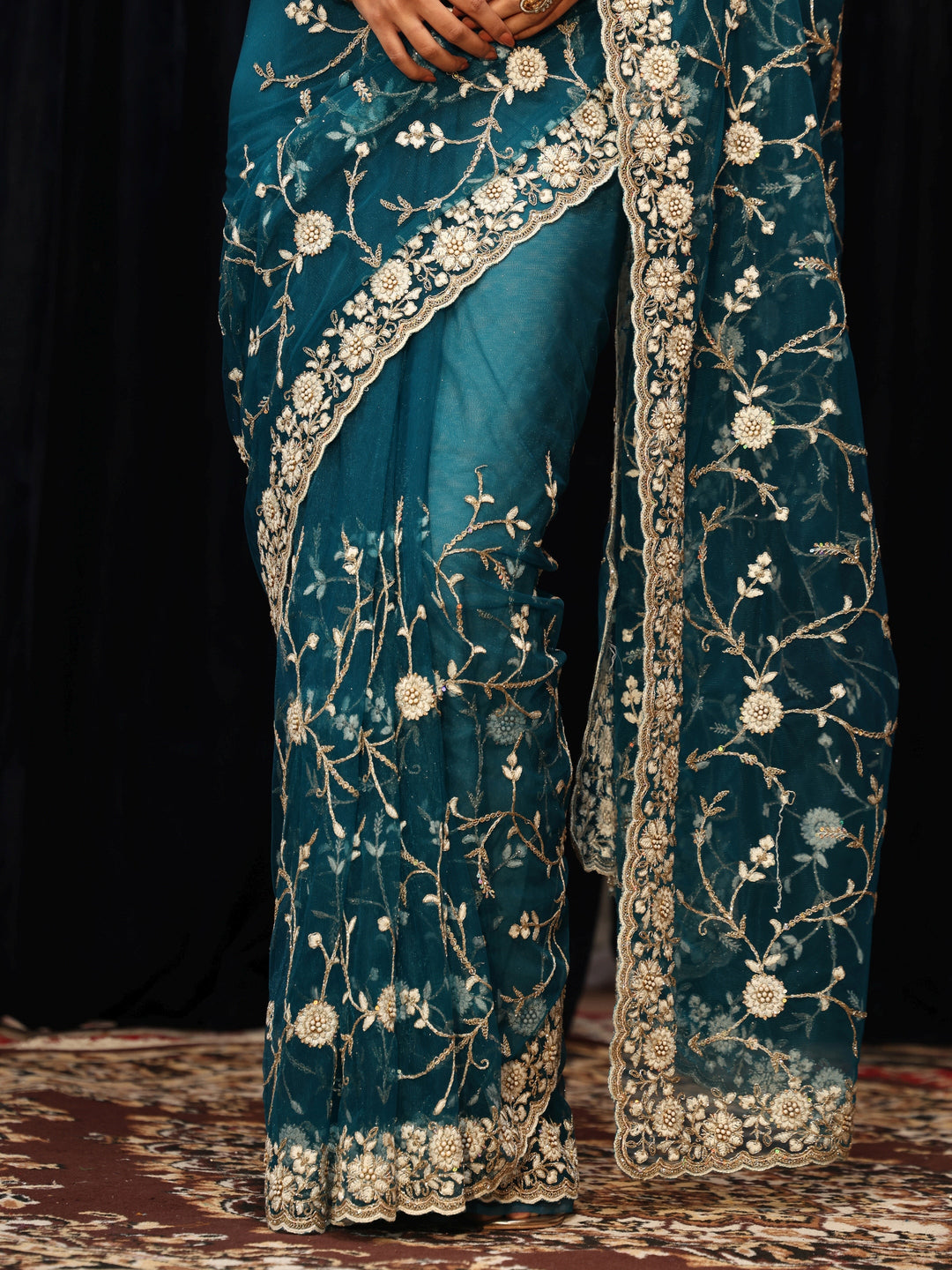 Libas Teal Blue Floral Embroidered Net Saree